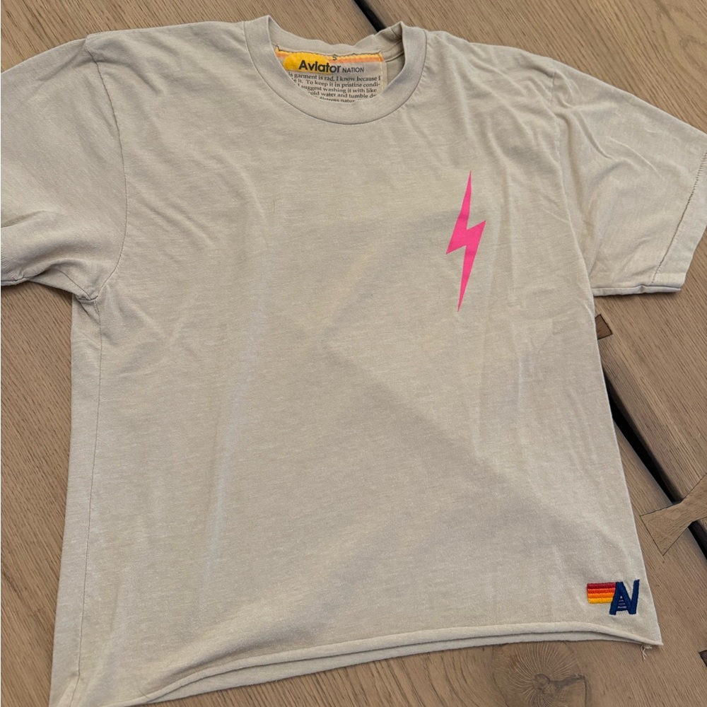 Aviator Nation Cream Tee with Pink Lightning Bolt